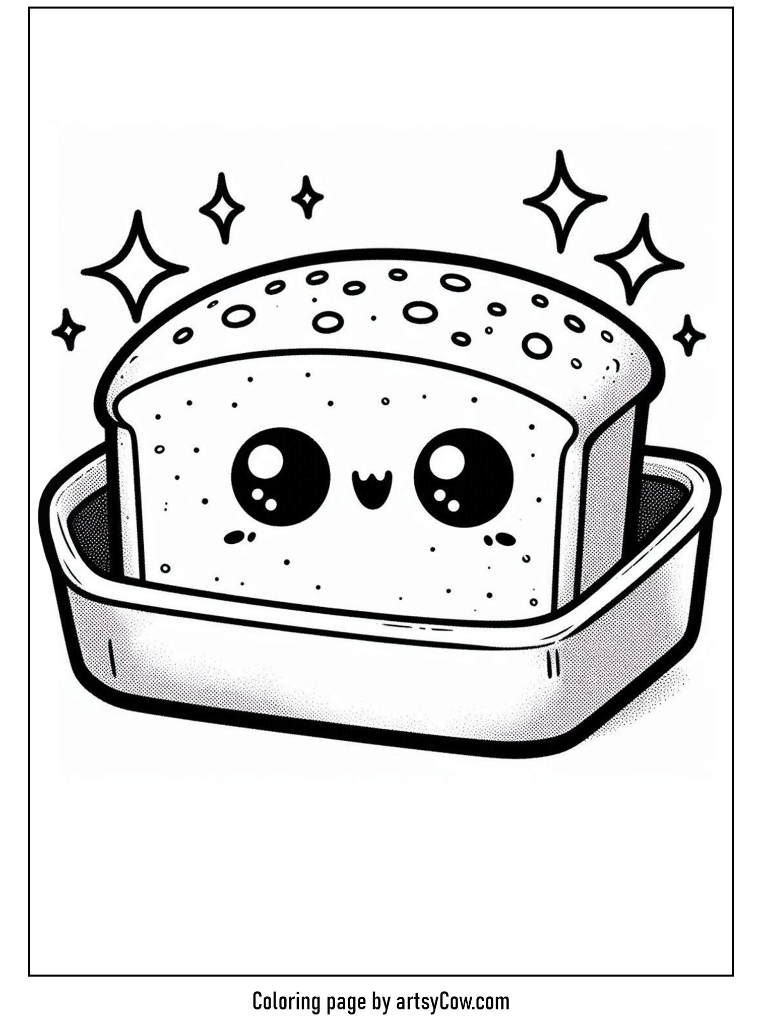 Easy Thanksgiving coloring pages for kids featuring a smiling cornbread in a baking pan with sparkling stars.